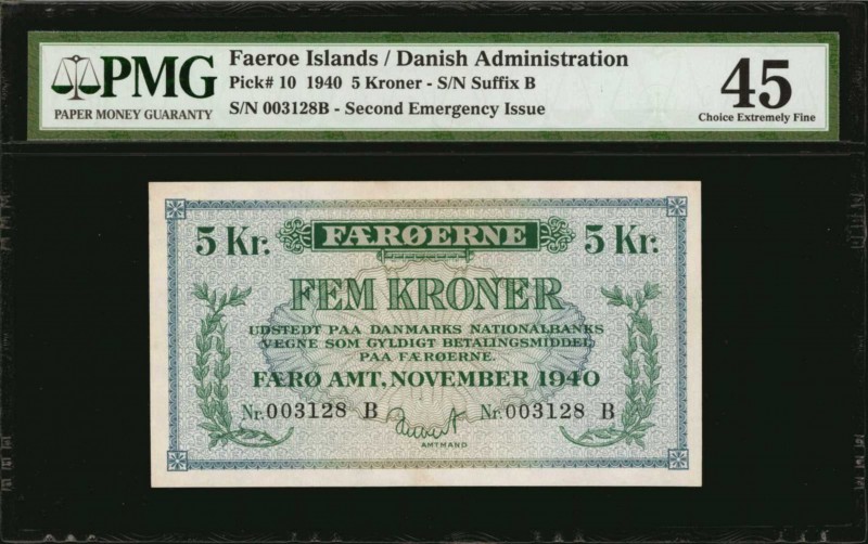 FAEROE ISLANDS. Danish Administration. 5 Kroner, 1940. P-10. PMG Choice Extremel...