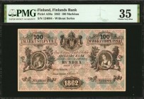 FINLAND. Finlands Bank. 100 Markkaa, 1862. P-A38a. PMG Choice Very Fine 35.
First type, without Series. An exciting mid grade example of this elusive...