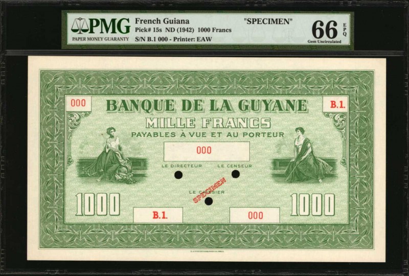 FRENCH GUIANA. Banque de la Guyane. 1000 Francs, ND (1942). P-15s. Specimen. PMG...