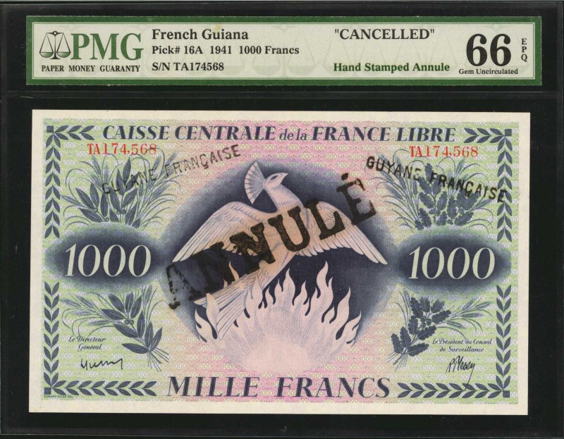 FRENCH GUIANA. Caisse Centrale de la France Libre. 1000 Francs, 1941. P-16A. Can...