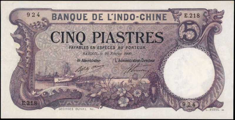 FRENCH INDO-CHINA. Banque de L'Indo-Chine. 5 Piastres, 1920. P-40. Very Fine.
S...