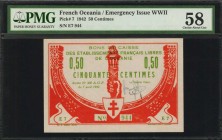 FRENCH OCEANIA. Bons de Caisse des Etablissements Francais de L'Oceanie. 50 Centimes, 1942. P-7. Emergency Issue WWII. PMG Choice About Uncirculated 5...