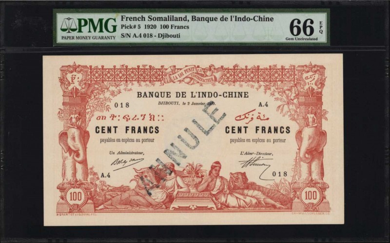FRENCH SOMALILAND. Banque de L'Indo-Chine. 100 Francs, 1920. P-5. PMG Gem Uncirc...