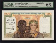 FRENCH WEST AFRICA. Banque de L'Afrique Occidentale. 1000 Francs, 1937-45. P-24s. Specimen. PMG Gem Uncirculated 66 EPQ.
Metropole pictured with alle...