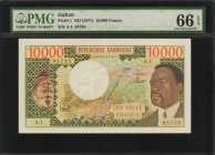 GABON. Republique Gabonaise. 10,000 Francs, ND (1971). P-1. PMG Gem Uncirculated 66 EPQ.
An important Gem offering on this higher denomination type. ...