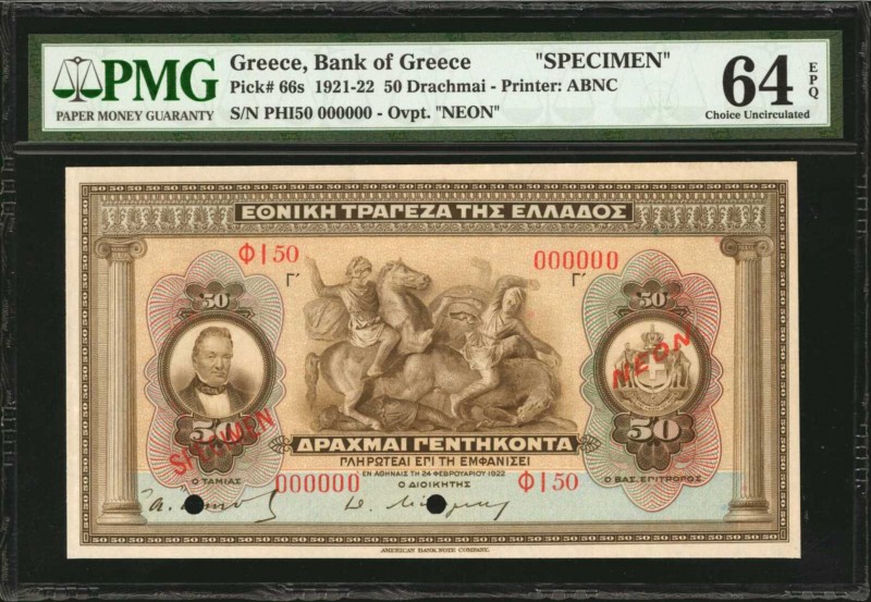 GREECE. Bank of Greece. 50 Drachmai, 1921-22. P-66s. Specimen. PMG Choice Uncirc...