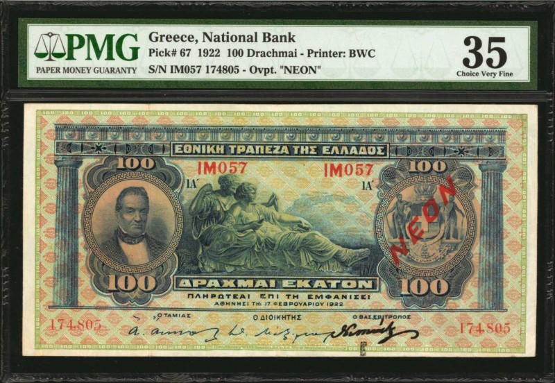 GREECE. National Bank. 100 Drachmai, 1922. P-67. PMG Choice Very Fine 35.
Print...