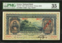 GREECE. National Bank. 100 Drachmai, 1922. P-67. PMG Choice Very Fine 35.
Printed by BWC. A scarce National Bank 100 Drachmai with the NEON overprint...