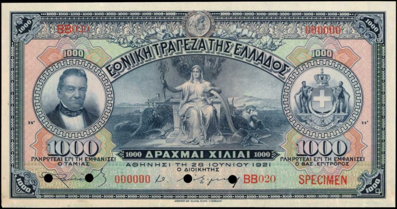 GREECE. National Bank. 1000 Drachmai, 1921. P-69v6s. Specimen. About Uncirculate...