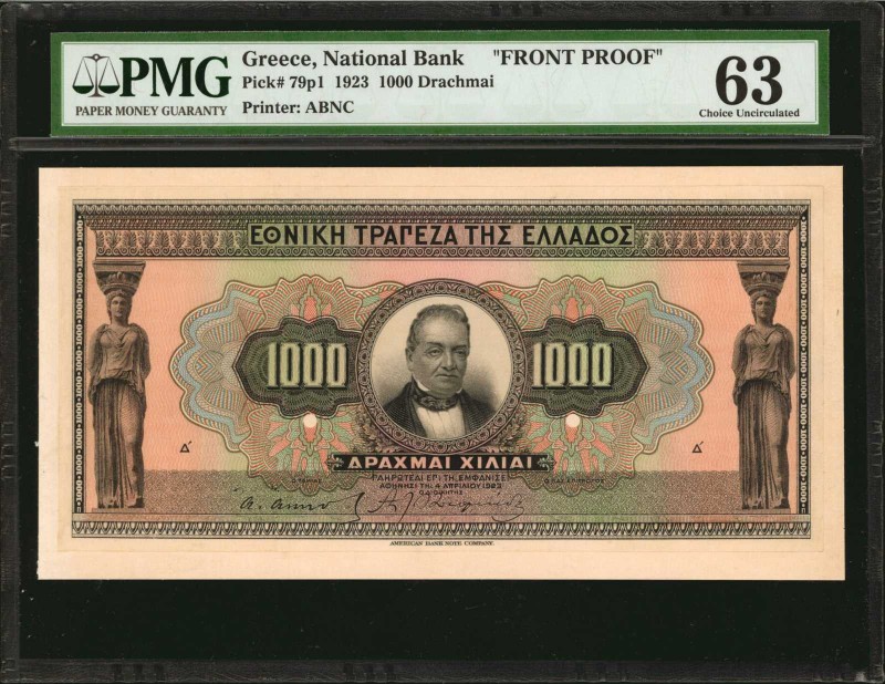 GREECE. National Bank. 1000 Drachmai, 1923. P-79p1. Front Proof. PMG Choice Unci...