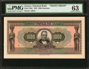 GREECE. National Bank. 1000 Drachmai, 1923. P-79p1. Front Proof. PMG Choice Uncirculated 63.
Printed by ABNC. This Front Proof of the 1923 1000 Drach...