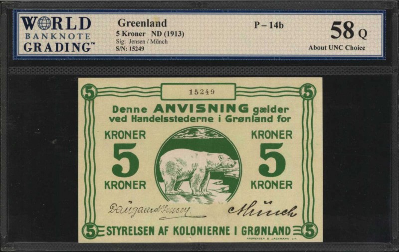 GREENLAND. Styrelsen af Kolonierne i Gronland. 5 Kroner, ND (1913). P-14b. WBG A...