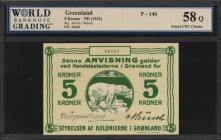 GREENLAND. Styrelsen af Kolonierne i Gronland. 5 Kroner, ND (1913). P-14b. WBG About Uncirculated 58.
The challenging "Polar Bear" type with first si...