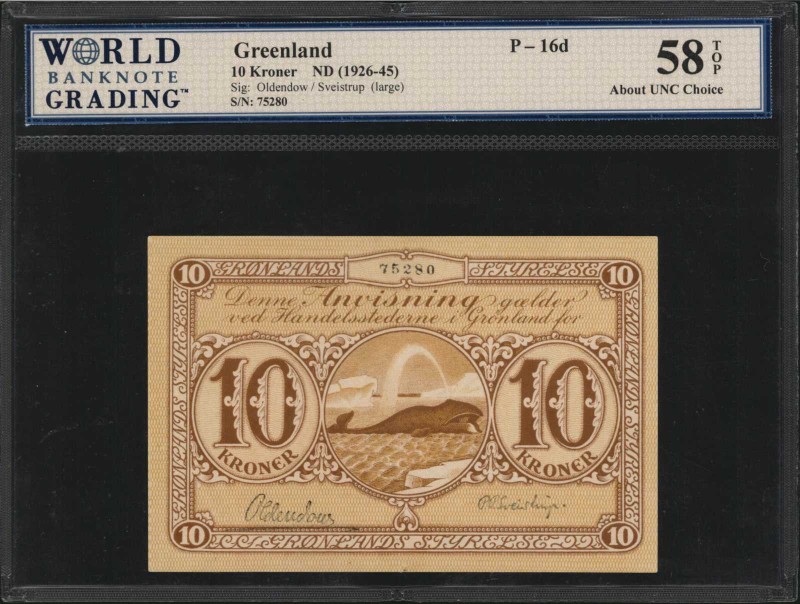 GREENLAND. Gronlands Styrelse. 10 Kroner, ND (1926-45). P-16d. WBG Choice About ...