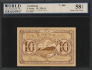GREENLAND. Gronlands Styrelse. 10 Kroner, ND (1926-45). P-16d. WBG Choice About Uncirculated 58 TOP.
Lovely Humpback whale scenery at center, denomin...