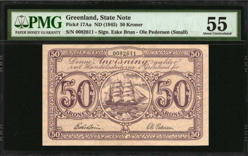 GREENLAND. State Note. 50 Kroner, ND (1945). P-17Aa. PMG About Uncirculated 55....