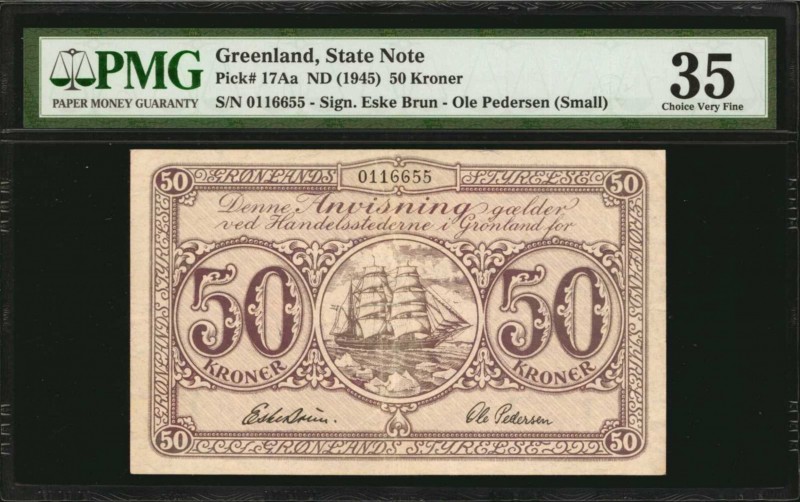 GREENLAND. State Note. 50 Kroner, ND (1945). P-17Aa. PMG Choice Very Fine 35.
S...