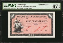 GUADELOUPE. Banque de la Guadeloupe. 500 Francs, ND (1942). P-25s. Specimen. PMG Superb Gem Uncirculated 67 EPQ.
This Guadeloupe specimen 500 Francs ...