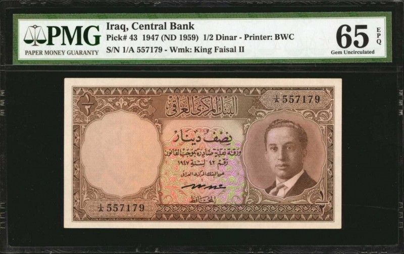 IRAQ. Central Bank. 1/2 Dinar, 1947 (ND 1959). P-43. PMG Gem Uncirculated 65 EPQ...