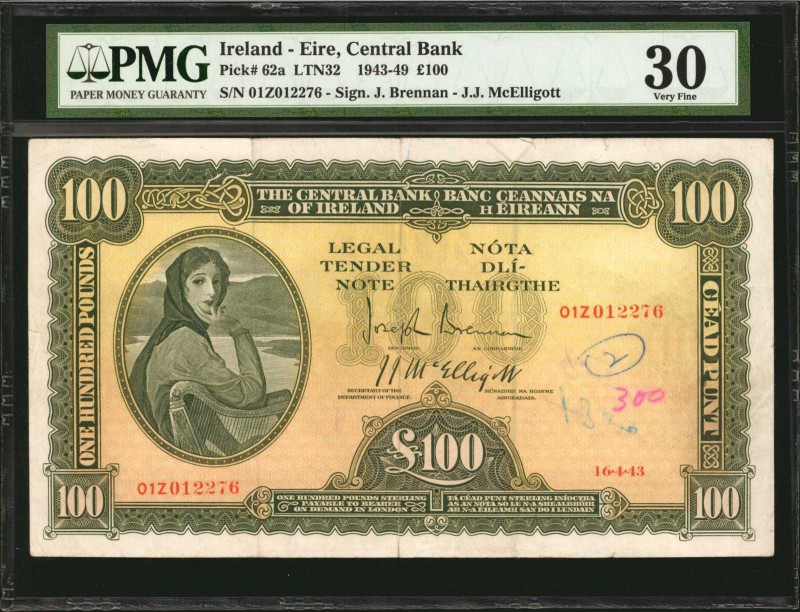 IRELAND. Central Bank. 100 Pounds, 1943-49. P-62a. PMG Very Fine 30.
Signature ...