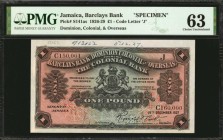 JAMAICA. Barclays Bank. 1 Pound, 1926-29. P-S141as. Specimen. PMG Choice Uncirculated 63.
Code letter "J". Dominion, Colonial & Overseas bank. Dated ...