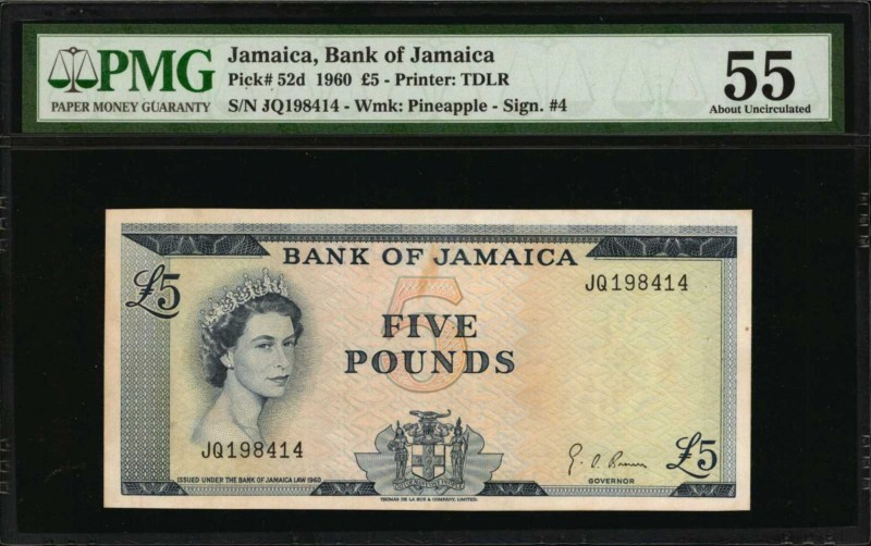 JAMAICA. Bank of Jamaica. 5 Pounds, 1960. P-52d. PMG About Uncirculated 55.
Hig...