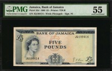 JAMAICA. Bank of Jamaica. 5 Pounds, 1960. P-52d. PMG About Uncirculated 55.
Highest denomination of this Queen Elizabeth II series. Wonderful Jamaica...