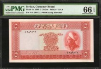 JORDAN. Currency Board. 5 Dinars, 1949. P-3a. PMG Gem Uncirculated 66 EPQ.
Phenomenal condition of first issue of Hashemite Kingdom with King Abdulla...