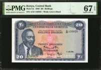 KENYA. Central Bank. 20 Shillings, 1968. P-3c. PMG Superb Gem Uncirculated 67 EPQ.
Watermark of lion's head at right. Deep blue inks and lovely origi...