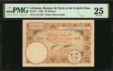 LEBANON. Banque de Syrie et du Liban. 25 Piastres, 1925. P-1. PMG Very Fine 25.
Watermark of wheat stalk. The first Pick variety for Lebanon, and fou...
