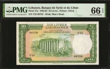 LEBANON. Banque du Syrie et du Liban. 10 Livres, 1956-63. P-57a. PMG Gem Uncirculated 66 EPQ.
Printed by TDLR. Watermark of man's head at right. Ruin...