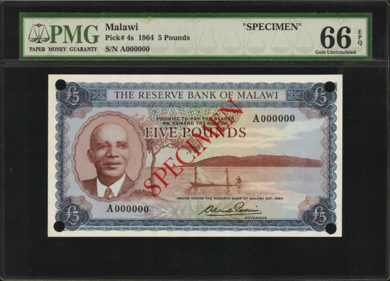 MALAWI. Reserve Bank of Malawi. 5 Pounds, 1964. P-4s. Specimen. PMG Gem Uncircul...