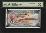 MALAWI. Reserve Bank of Malawi. 5 Pounds, 1964. P-4s. Specimen. PMG Gem Uncirculated 66 EPQ.
Hole punch cancellations in each corner. Red specimen ov...