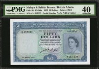 MALAYA AND BRITISH BORNEO. Board of Commissioners of Currency. 50 Dollars, 1953. P-4b. PMG Extremely Fine 40.
Large size Queen Elizabeth II type. Sec...