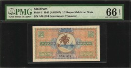 MALDIVES. Government Treasurer. 1/2 Rupee, 1947. P-1. PMG Gem Uncirculated 66 EPQ.
The most difficult denomination for the series and always a note t...