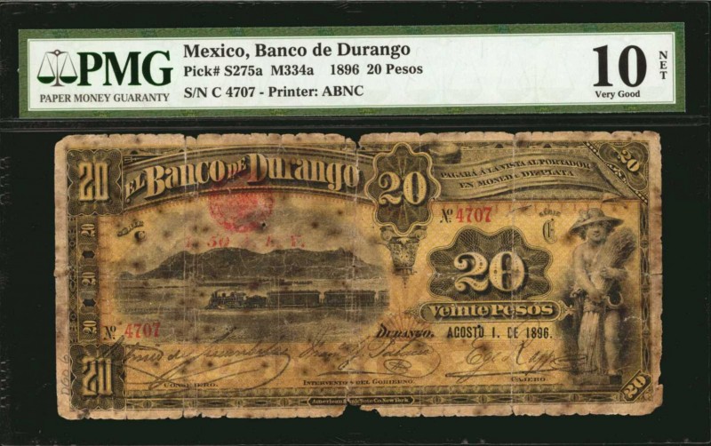 MEXICO. Banco de Durango. 20 Pesos, 1896. P-s275a. PMG Very Good 10 Net. Foxing....