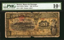 MEXICO. Banco de Durango. 20 Pesos, 1896. P-s275a. PMG Very Good 10 Net. Foxing.
M334a. Printed by ABNC. PMG's pop report list this note as the sole ...