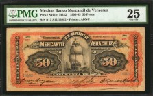 MEXICO. Banco Mercantil de Veracruz. 50 Pesos, 1903-05. P-S441b. PMG Very Fine 25.
Printed by ABNC. Sailing ships seen on face, with Port of Veracruz...