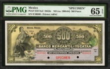 MEXICO. Banco Mercantil de Yucatan. 500 Pesos, ND (ca. 1900-04). P-S457As2. Specimen. PMG Gem Uncirculated 65 EPQ.
(M552s). Printed by ABNC. Hole pun...