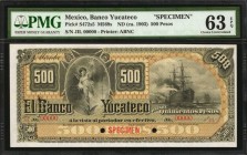 MEXICO. Banco Yucateco. 500 Pesos, ND (ca. 1903). P-S472s5. Specimen. PMG Choice Uncirculated 63 EPQ.
(M569s). Printed by ABNC. Red specimen overprin...