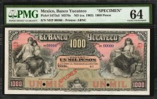 MEXICO. Banco Yucateco. 1000 Pesos, ND (ca. 1902). P-S473s3. Specimen. PMG Choice Uncirculated 64.
(M570s). Printed by ABNC. Nearly Gem. Hole punch c...