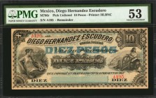 MEXICO. Diego Hernandez Escudero. 10 Pesos, 18xx. P-Unlisted. Remainder. PMG About Uncirculated 53.
(M786r). Remainder. Printed by Homer Lee Banknote...