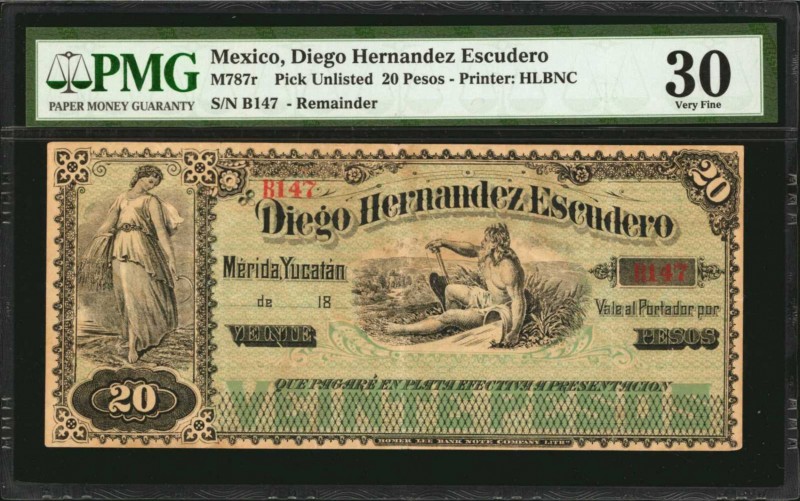 MEXICO. Diego Hernandez Escudero. 20 Pesos, 18xx. P-Unlisted. Remainder. PMG Ver...