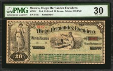 MEXICO. Diego Hernandez Escudero. 20 Pesos, 18xx. P-Unlisted. Remainder. PMG Very Fine 30.
(M787r). Printed by Homer Lee Banknote Company. Vignette o...