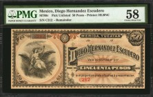 MEXICO. Diego Hernandez Escudero. 50 Pesos, 18xx. P-Unlisted. Remainder. PMG Choice About Uncirculated 58.
(M788r). An interesting remainder note tha...
