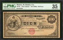 MEXICO. M. Donde y Ca. 100 Pesos, ND (1880s). P-Unlisted. Remainder. PMG Choice Very Fine 35.
(M778r). Remainder. A mid-grade example of this very ra...
