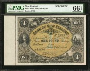 NEW ZEALAND. Bank of New Zealand. 1 Pound, ND (1888-98). P-S202s. Specimen. PMG Gem Uncirculated 66 EPQ.
Printed by BWC. Specimen perforated. PMG's p...