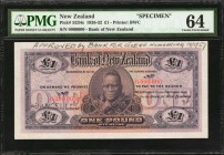 NEW ZEALAND. Bank of New Zealand. 1 Pound, 1926-32. P-S234s. Specimen. PMG Choice Uncirculated 64.
Printed by BWC. Maori King Tawhiao seen on face, w...