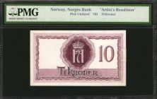 NORWAY. Norges Bank. 5 & 10 Kroner, ND & 1942. P-Unlisted. Artist's Renditions. PMG Certified.
5 pieces in lot. A grouping of 1942 Leonard Douglas Fr...