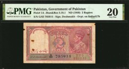 PAKISTAN. Government of Pakistan. 2 Rupees, ND (1948). P-1A. PMG Very Fine 20.
Overprint on India P-17b. Signature of Deshmukh. An underrated piece w...